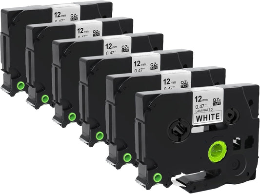 Label Tape Compatible with Brother Tze-231, 12mm 0.47" Black on White Laminated Tape for P-Touch Label Maker PT-D210 D220 H110 D410 P710BT H111 1070, 6 Pack