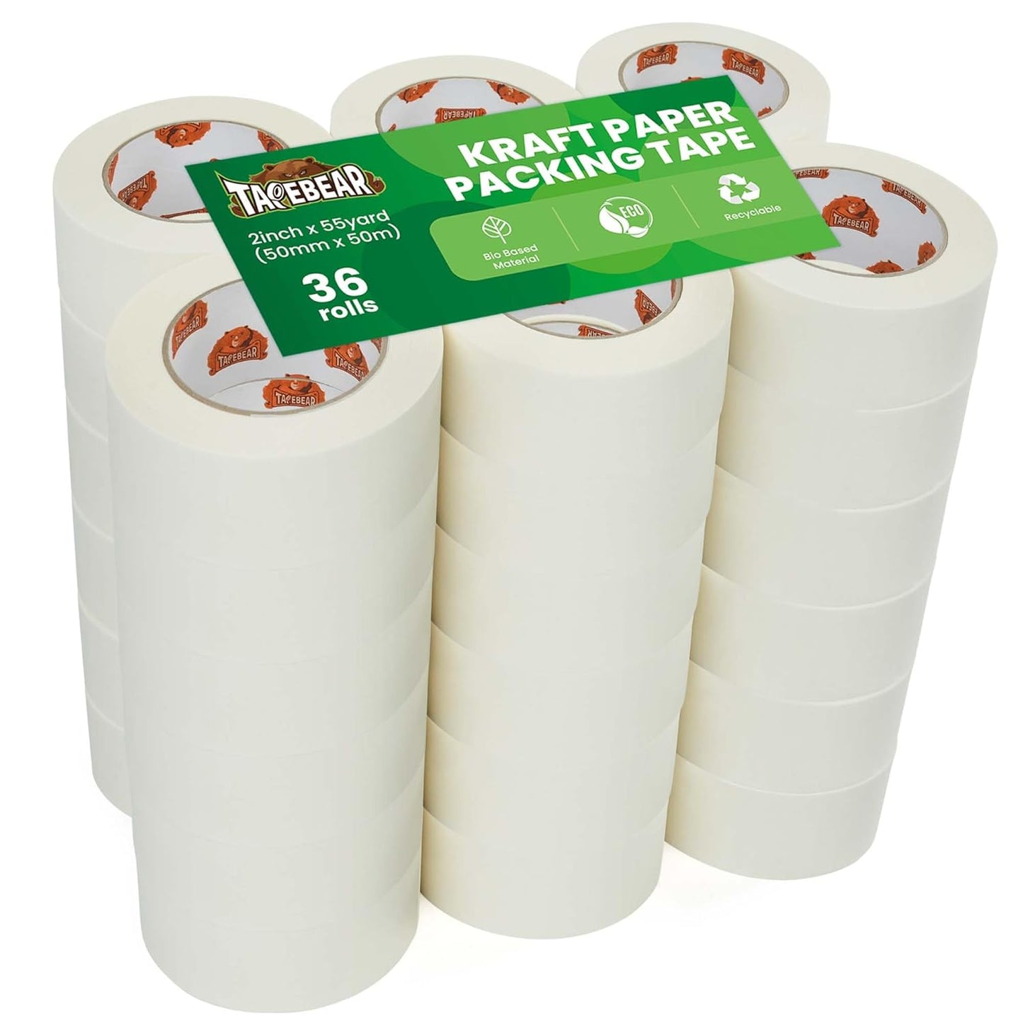36Rolls Eco-Friendly Kraft Paper Tape 2Inch x 55Yard, White Paper Packing Tape, Biodegradable Recyclable Packaging Tape Self Adhesive Box Tape for Shipping, Sealing, Moving