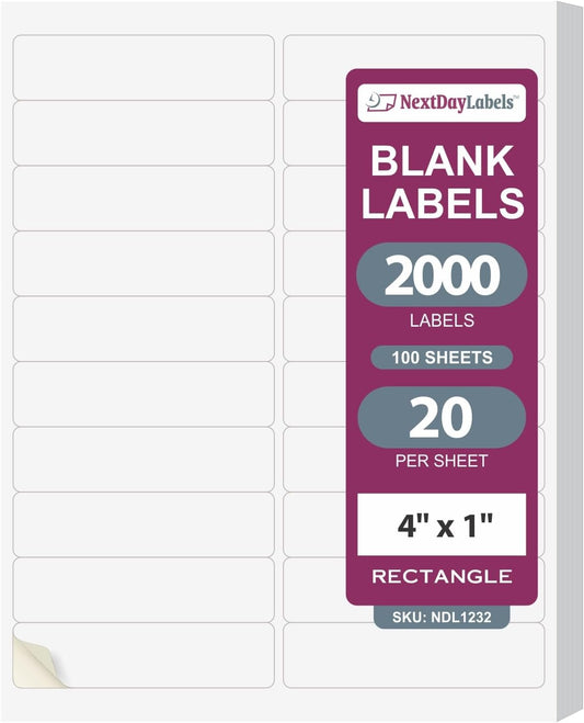 NextDayLabels 4' x 1" White Laser/Inkjet Printer Labels - 2000 Labels (100 Sheets, 20 Per Sheet) - Address, Shipping, Return Labels