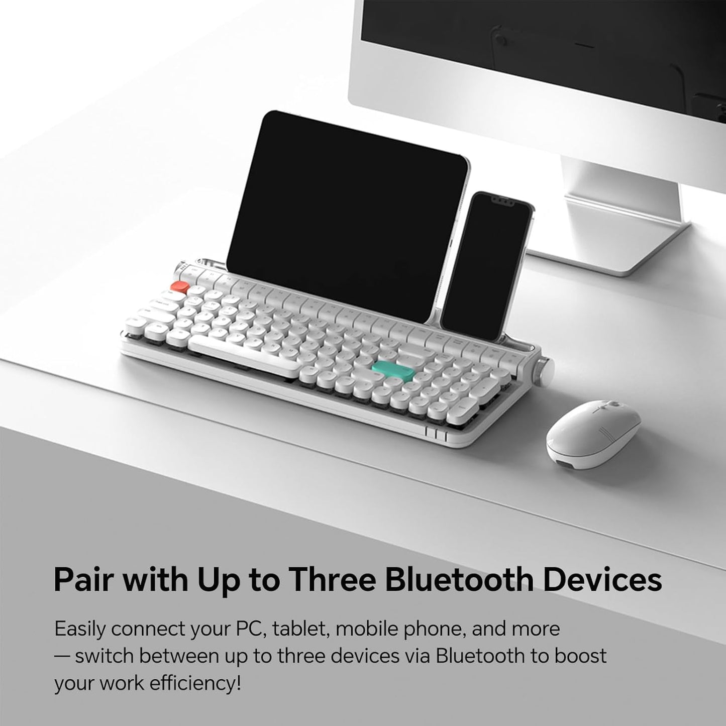 ACTTO B705 Retro Typewriter Keyboard Bluetooth,Vintage Mechanical Keyboard with Tablet Stand,LED Backlight 100 Keys Gaming Keyboard for Windows/macos/iOS/Android,Blue Switch (White)