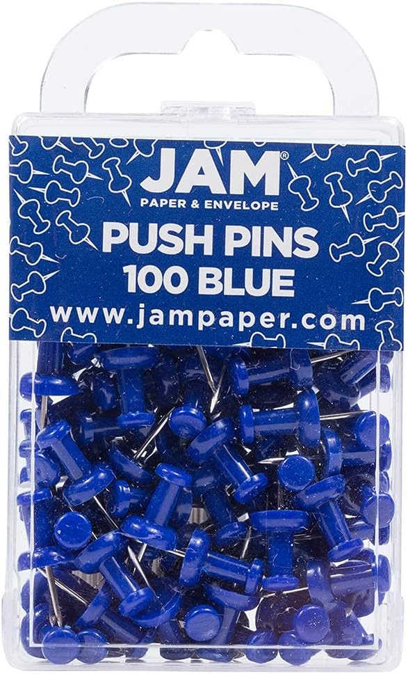 JAM PAPER Colorful Push Pins - Blue Pushpins - 100/Pack