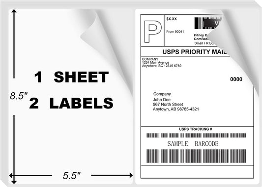 8.5" x 5.5" Half Page Self Adhesive Shipping Label, Compatible Laser & Inkjet Printers, White, 2 Labels Per Sheet(4000 Sheet Total 8000 Labels)