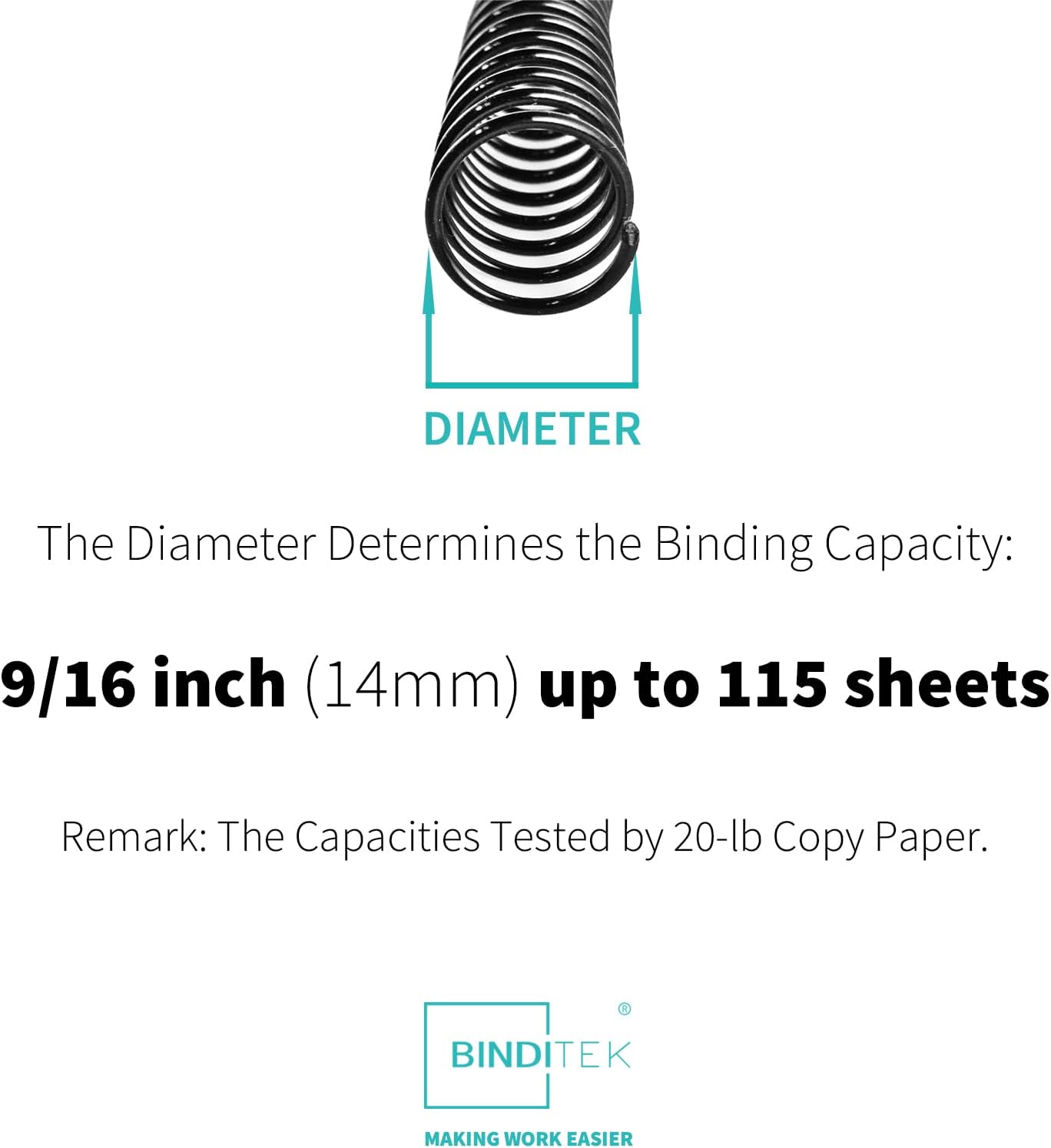Binditek 50 Pack Plastic Spiral Binding Coils, 14mm(9/16"), 115 Sheet Capacity, 4:1 Pitch, Black, 48 Loops, for Letter Size, for Students and Coworkers