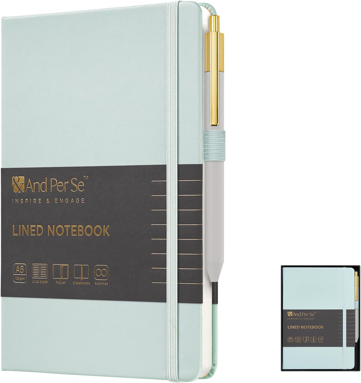 A5 Lined Leather Journal and Pen Set for Women&Men, Gift Box Included, Hardcover Notebook with 160 Pages 100GSM Thick Paper, for Work, Business, School or Home Writing(Cyan)