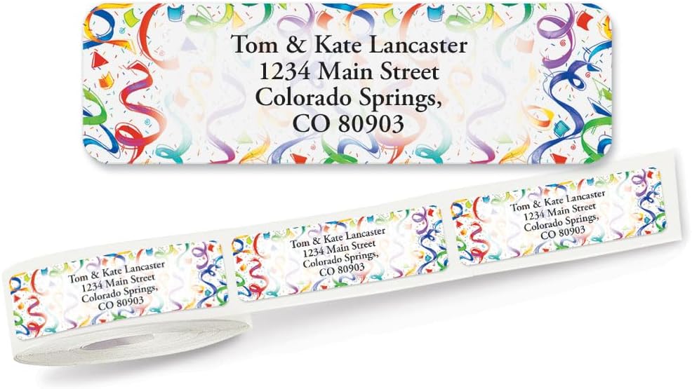 Colorful Images Birthday Surprise Rolled Personalized Return Address Mailing Labels with Dispenser, Customize with Name & Shipping Address, 125 ¾” x 2½” Self Adhesive, Easy Peel Label Roll