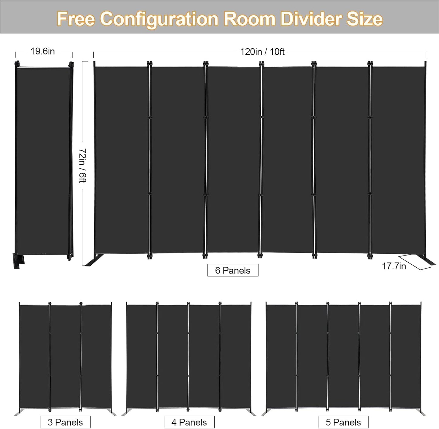 MAYOLIAH 6 Panel Folding Privacy Screen 9ft Wide, 6ft Tall Partition Room Divider Portable Office Walls Dividers, Black