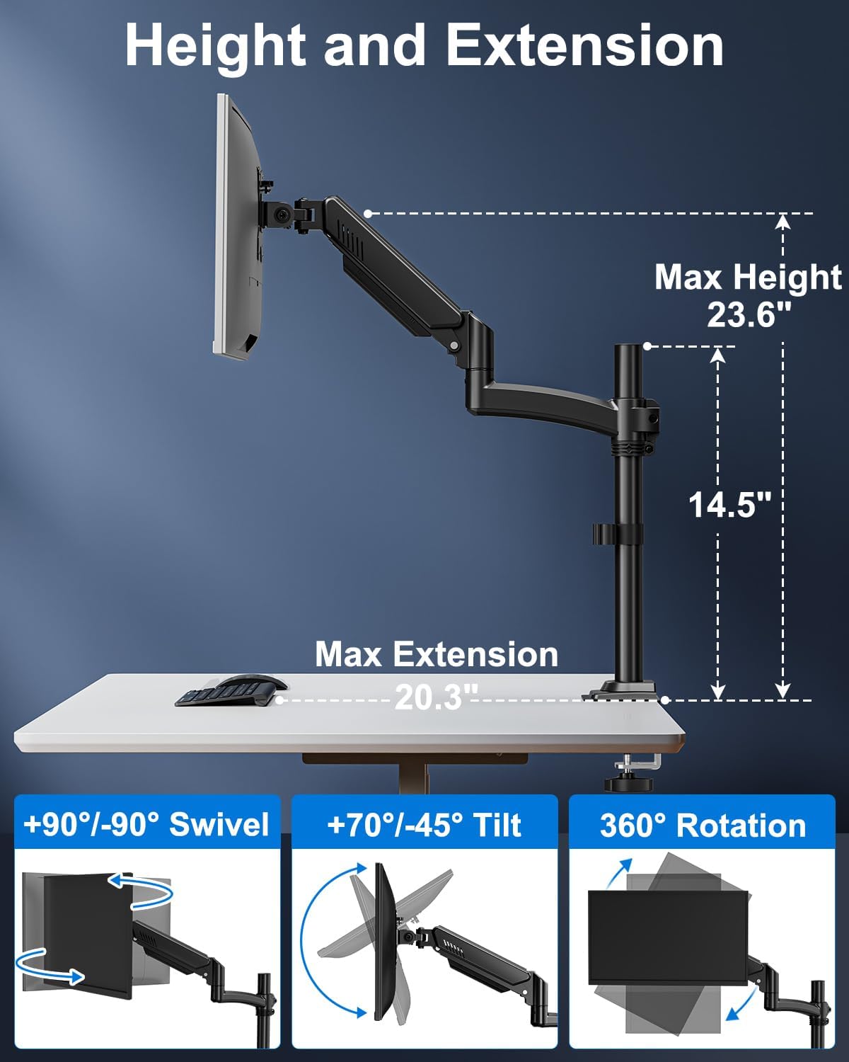 Single Monitor Mount Holds Max 22lbs, 13-32 inch Monitor Desk Mount, Height Adjustable Tall Monitors Arm, Monitors Stand with Tilt Swivel Rotation, VESA 75 100mm, Black, Freelift