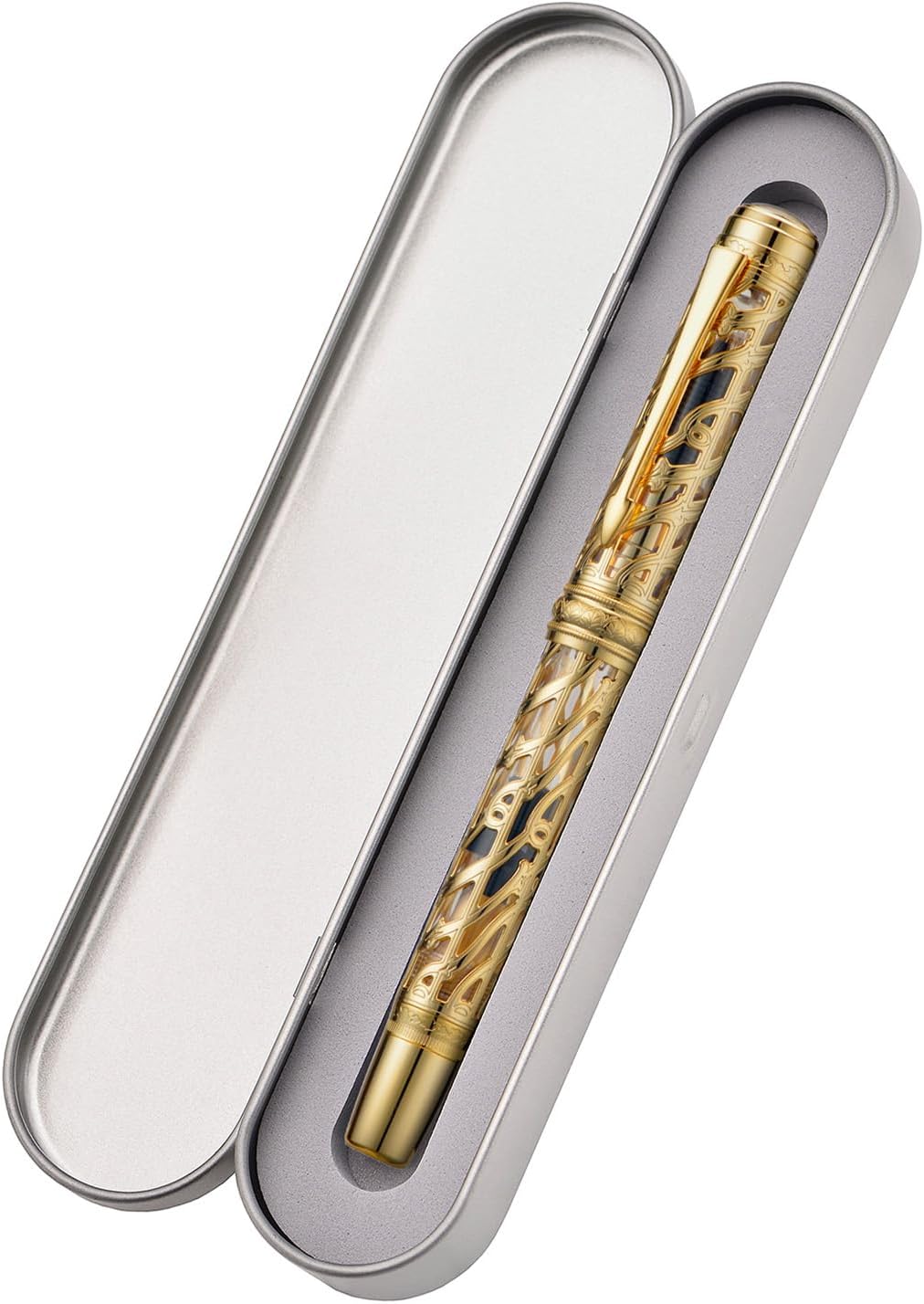 Hongdian A6 Piston Fountain Pen Fine Soft Nib, Golden Hollow Skeleton & Transparent Resin Pen with Metal Case Set