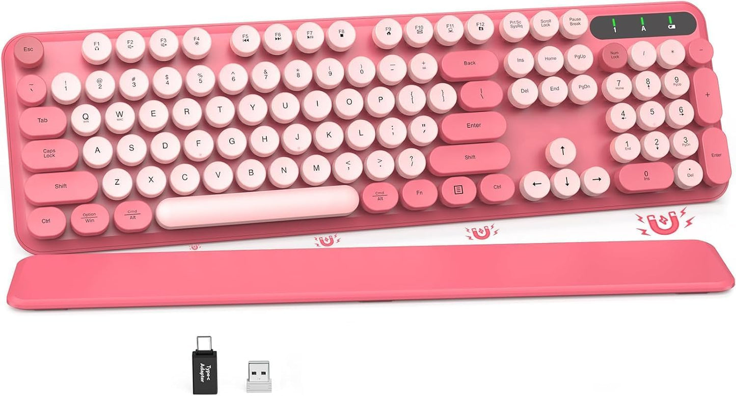 Wireless Keyboard, Round Keycaps, Retro Typewriter Keyboard with Detachable Wrist Rest, Sleep Mode, Foldable Legs, 2.4GHz Full-size Cordless Computer Keyboard for Windows/PC/Laptop (Colorful-Pink)