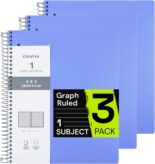 Spiral Notebook for School 3 Pack, 1 Subject, 4x4 Graph Ruled Paper, 100 Sheets, 9" x 11", 1 Divider with Pocket, 3 Hole Punched,Plastic Cover, 1/4" Grid Graphing Note Book Bulk,Cornflower Blue