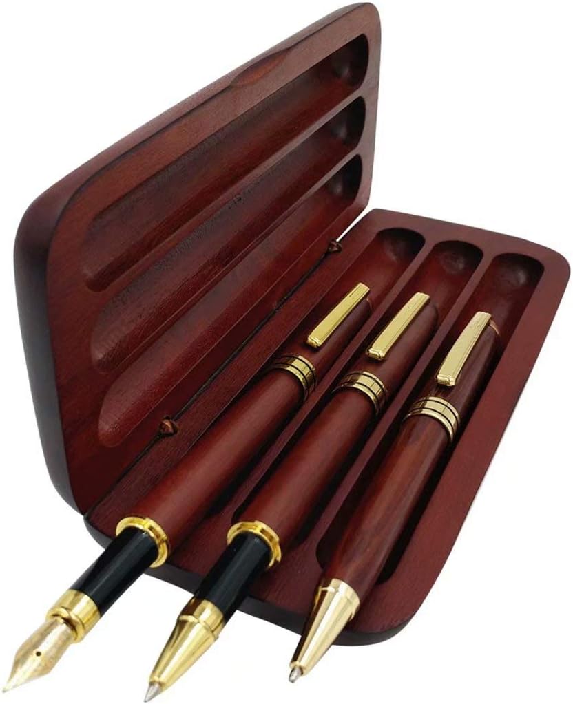 3 Pcs Wooden Pens Set with Gift Case/Best Writing Fountain Fancy Ballpoint Pen and Luxury Gel Pen with Ink Refills, Promotional Business Designer Pens