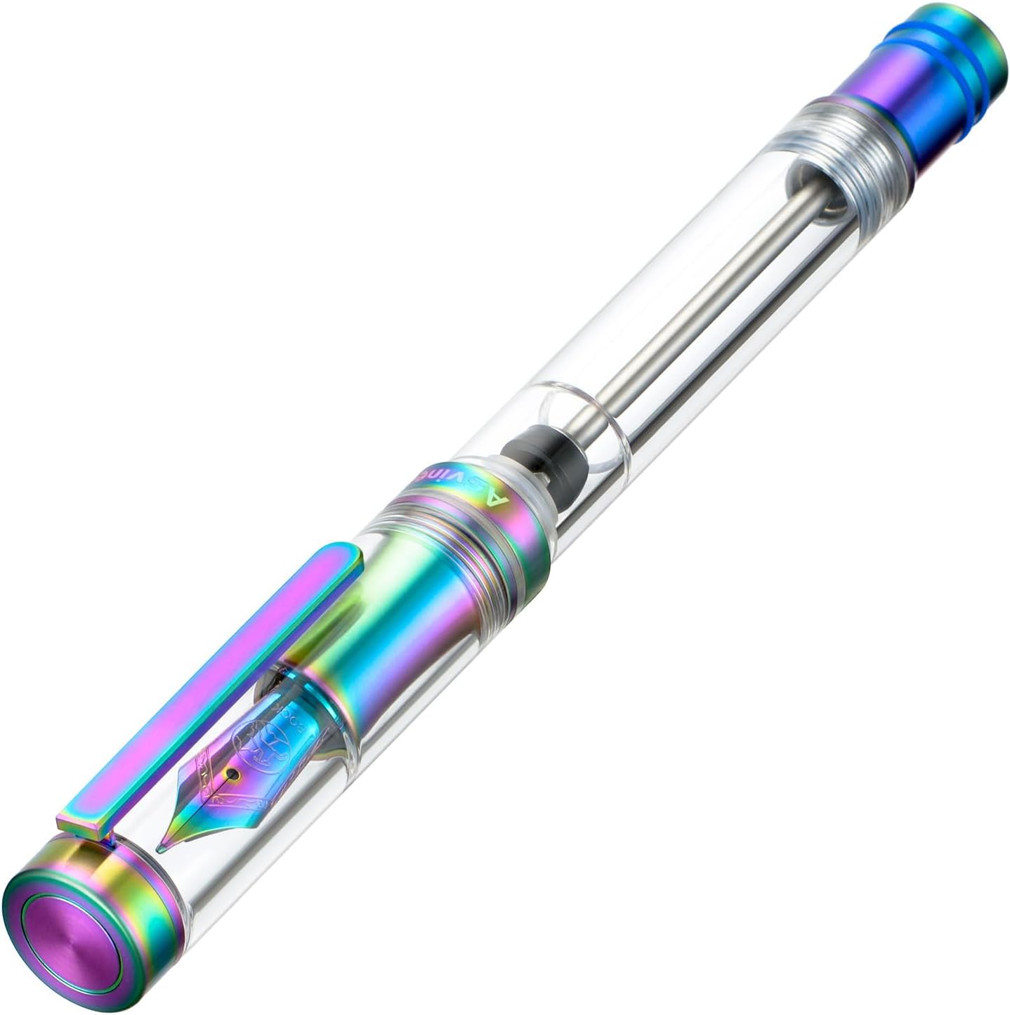 Asvine V200 Titanium Fountain Pen Vacuum Filling, Rainbow Iridium Extra Fine Nib Clear Demonstrator Acrylic with Pen Case and Wrench