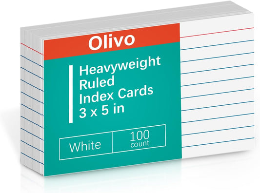 Index Cards 3x5 Lined Ruled Flash Note Cards 3" x 5", White, 100 Count, 200 GSM Heavy Weight