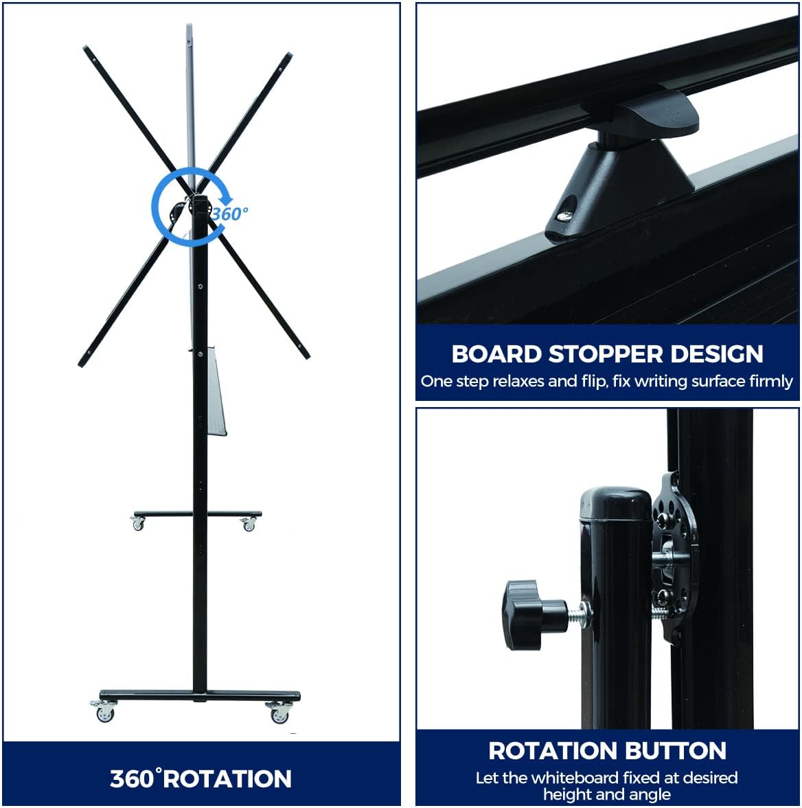 48" x 24" Magnetic Mobile Whiteboard - 360° Reversible Double-Sided Dry Erase Board with Wheels, Portable Standing Whiteboard Easel for Office & Classroom - Includes 6 Markers + 1 Eraser