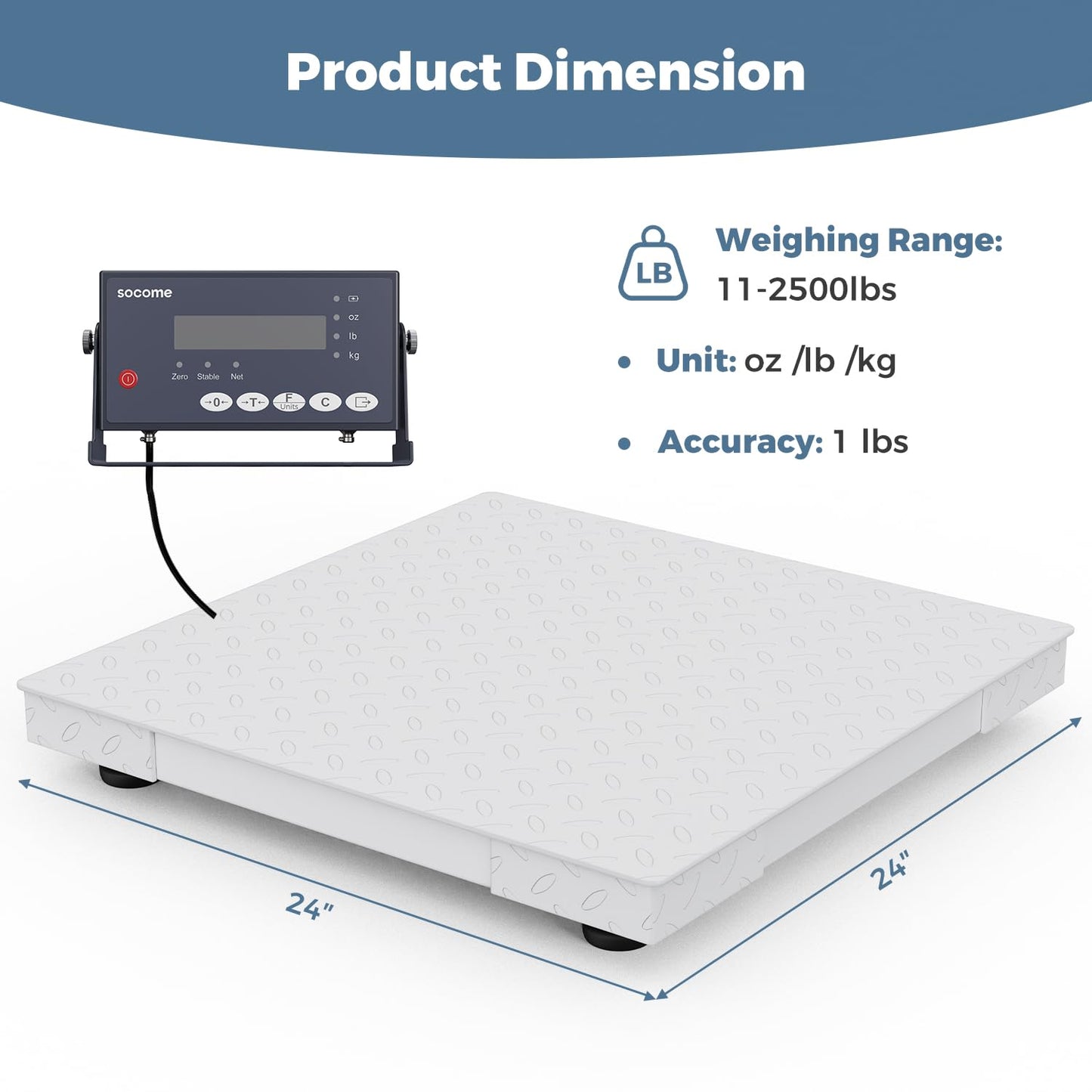 24"x24" Industrial Floor Scale, Precision Pallet Scale with Digital Indicator, Heavy Duty Weighing Scale for Floor Bench Office Weight Weighing, 2500 lb x 1 lb, Grey
