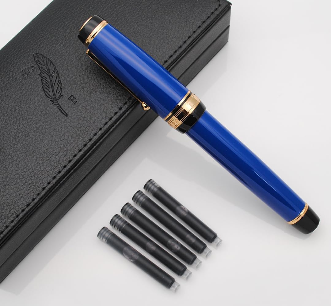 Metal Big Fountain Pen Set Medium Nib 0.7mm, Includes Ink Refill Converter, 5 Ink Cartridges & Gift Box (Medium Nib 0.7mm, Blue)