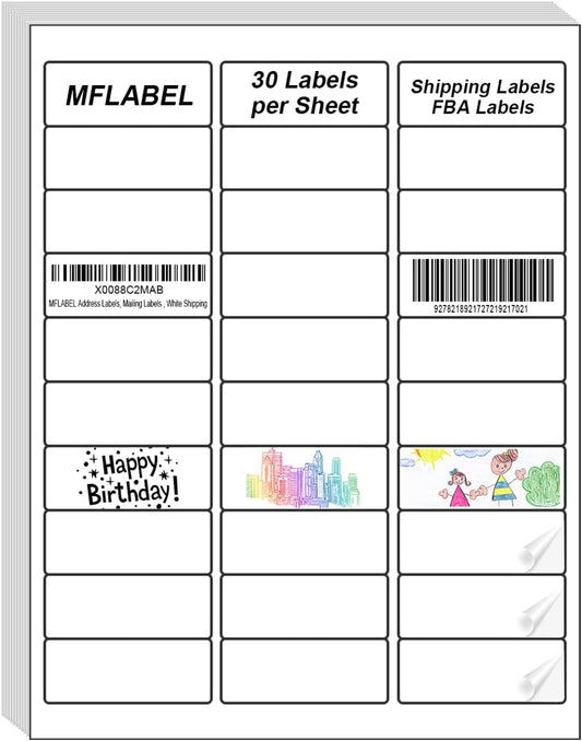 MFLABEL Address Label, 1" x2-5/8 Mailing Sticker, 30-UP White Shipping Labels for Inkjet or Laser Printer, 300000 Sticker Labels (10000 Sheets), 30 Label per Sheet