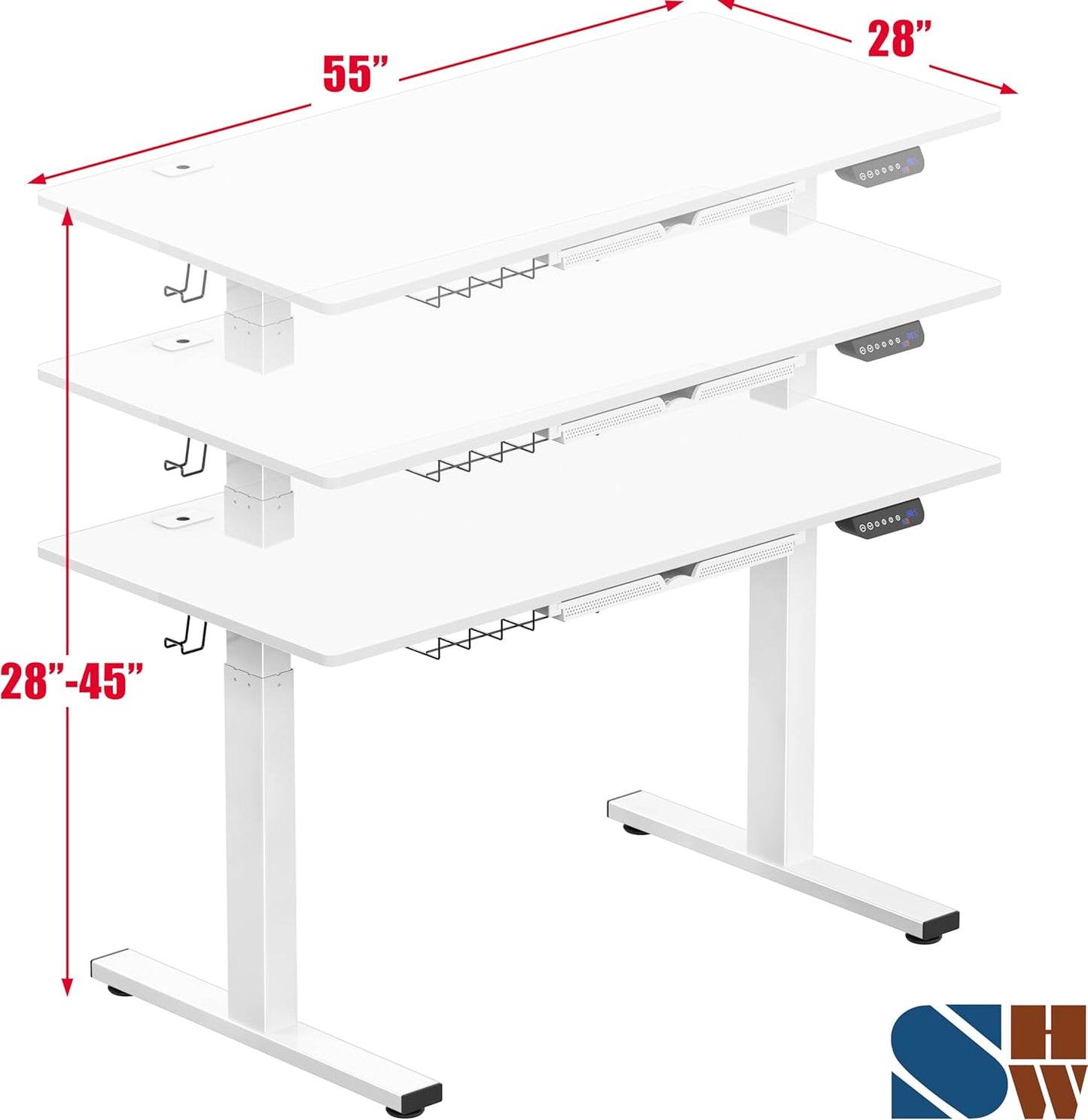 SHW 55 x 28 Inches Electric Height Adjustable Standing Desk with Drawer and Memory Preset, White