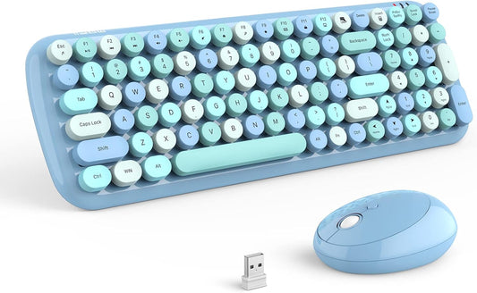MOFII Wireless Keyboard and Mouse Combo, 2.4GHz Retro Typewriter Keyboard and Cute Mouse for Computer PC Desktops Laptop Windows(Blue Mix)