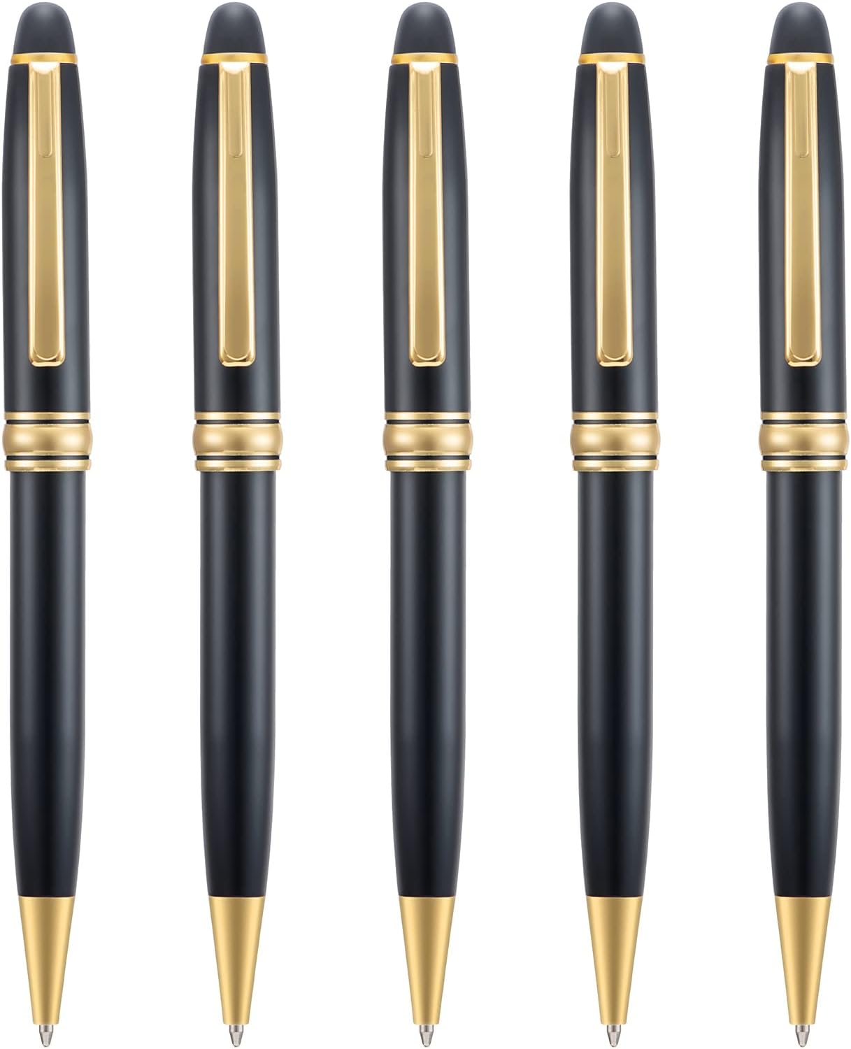 5 PCS Black Ballpoint Pens with Extra Refills Set, 1mm Medium Point Black Ink, Great Smooth Writing Metal Pen for Business Office Teacher Student Wedding Guest Gift (Gold Trim)