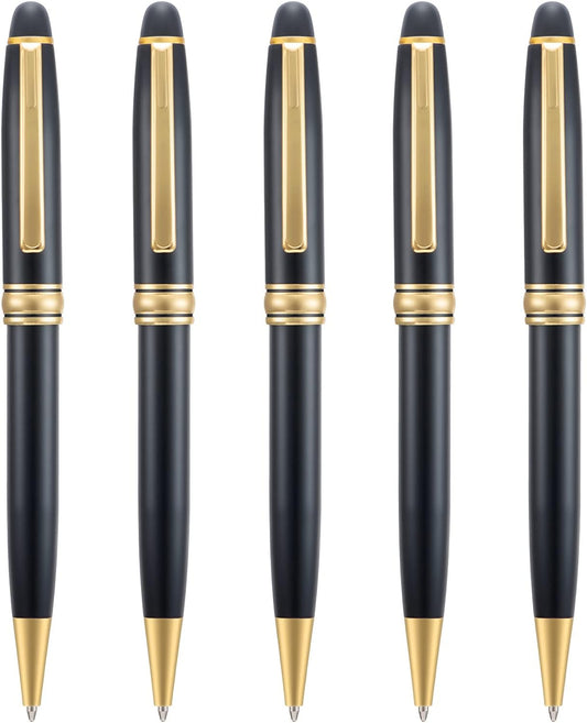 5 PCS Black Ballpoint Pens with Extra Refills Set, 1mm Medium Point Black Ink, Great Smooth Writing Metal Pen for Business Office Teacher Student Wedding Guest Gift (Gold Trim)