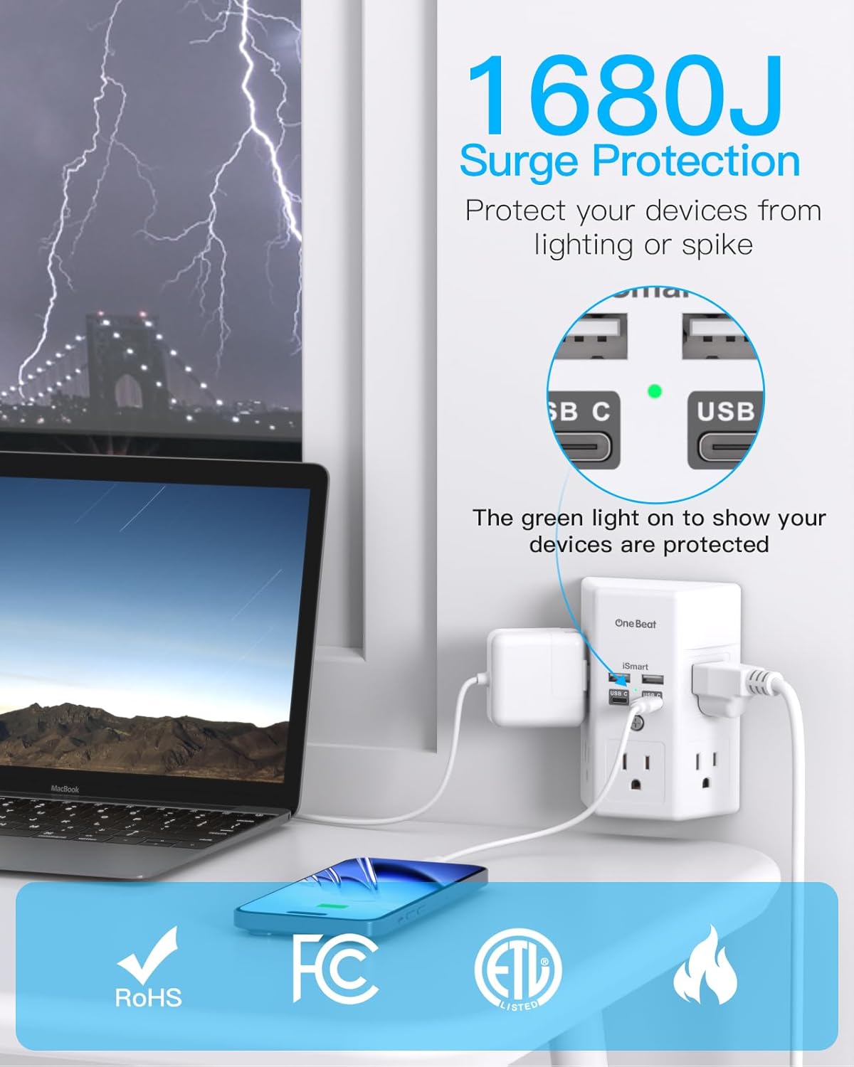 Surge Protector, 5 Outlets Extender with 4 USB Ports(USB C), 3-Side 1680J Power Strip Multi Plug Outlet Expander, USB Wall Charger, Outlet Splitter Adapter Wall Mount for Home Travel Office ETL Listed