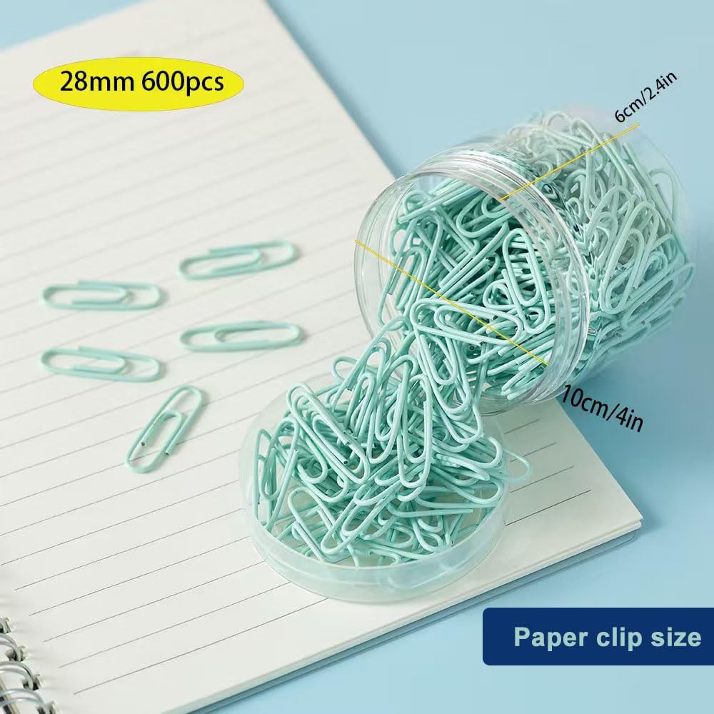 Macaron Colored Paper Clips, 1.1" Medium Paper Clip（28mm, 600pcs Paperclips for Office Supplies and Organization (Cyan)