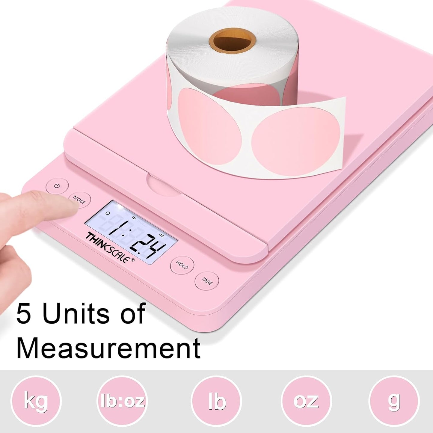 THINKSCALE Shipping Scale, 86lb/0.1oz Postal Scale-Candy Pink Style, Hold/Tear Function, Flip up Holder Postage Scale, Digital Scale for Packages Small Business and Mails, Battery & AC Adapter