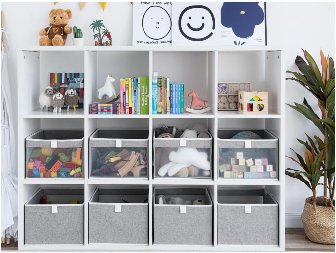 StorageWorks Closet Storage Bins, Large Storage Baskets with Clear Window and Handles, Foldable Fabric Organizer for Clothes, Shelves, Gray, 3 Pack