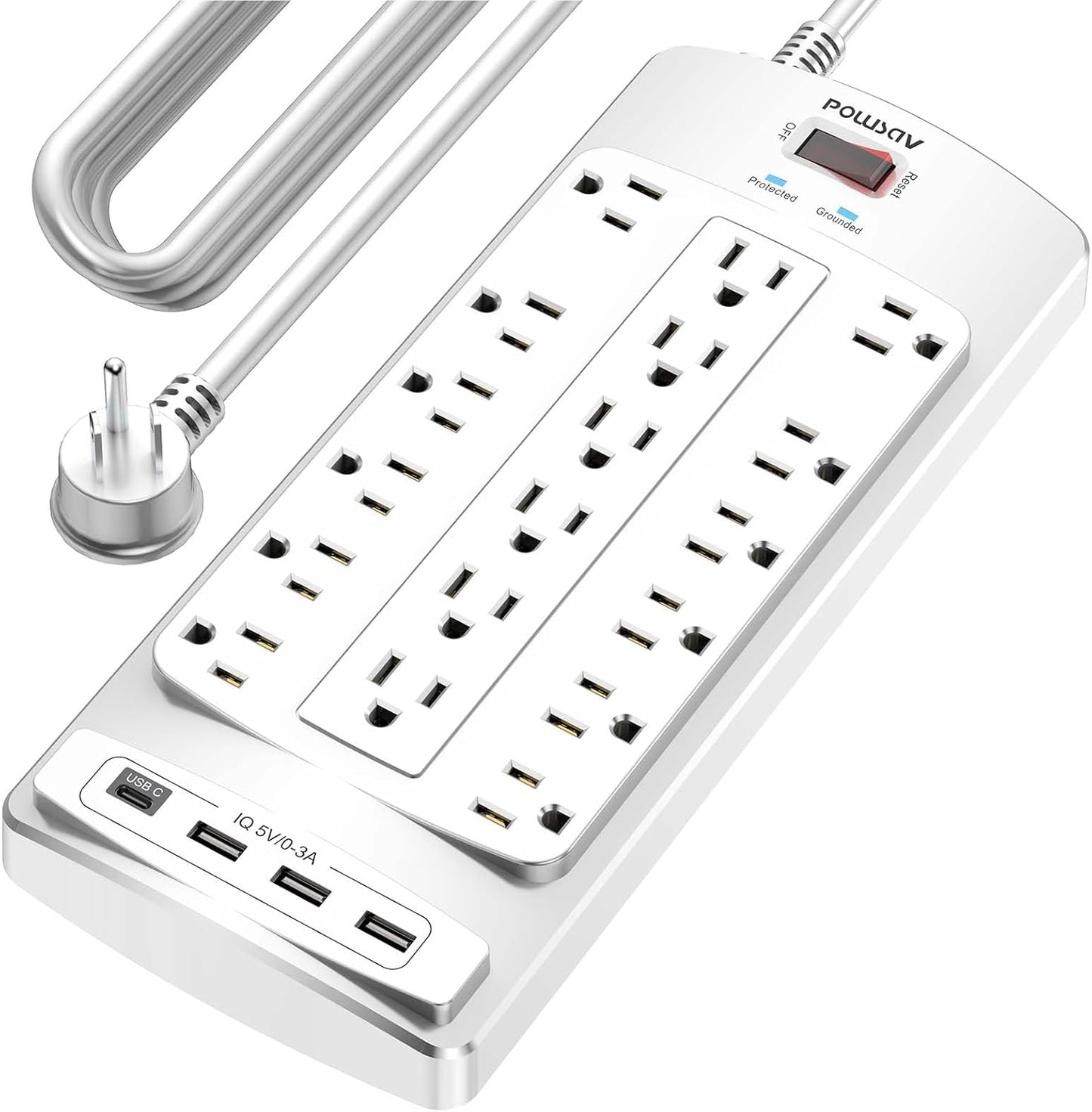 18 Outlets Surge Protector Power Strip - 20 Feet Flat Plug Heavy Duty Extension Cord with 18 Widely Outlets and 4 USB Ports, 2100 Joules, White, ETL Listed