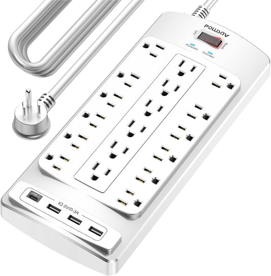 18 Outlets Surge Protector Power Strip - 20 Feet Flat Plug Heavy Duty Extension Cord with 18 Widely Outlets and 4 USB Ports, 2100 Joules, White, ETL Listed