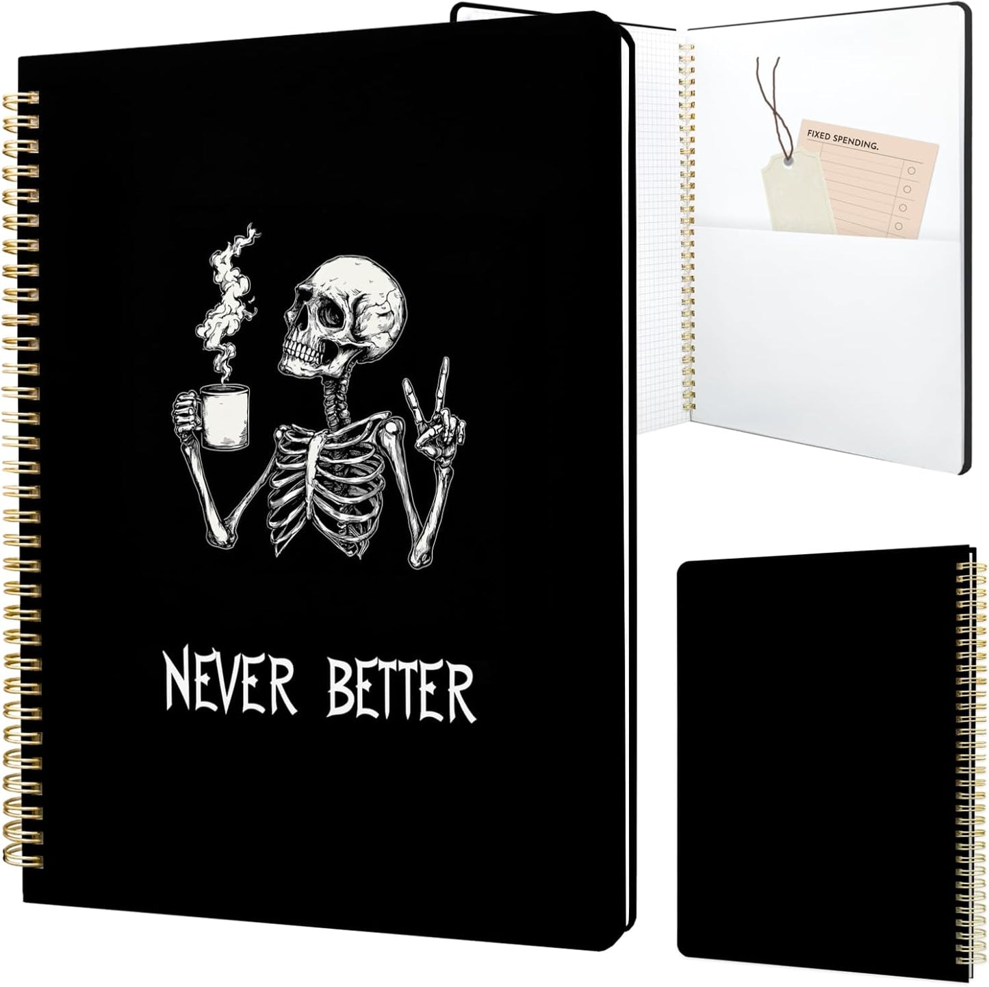Cute Spiral Notebook journal A4 Aesthetic Pretty Design for Women Girls Kawaii with Pocket, 8.5 x 11 inch, Graph, Skeleton