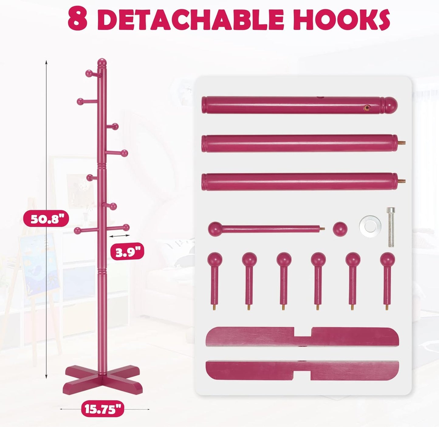Kids Coat Rack, Freestanding Coat Racks with 8 Hooks 2 Adjustable Height, Tree Coat Rack for Bedroom, Hallway, Entrance, Office, Hats, Handbags,Purse (Dark-Rose)