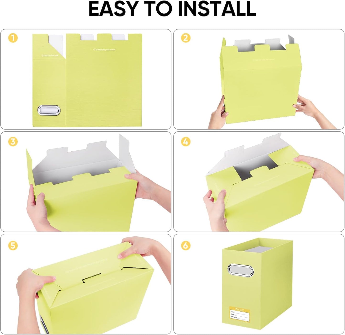 BALEINE File Organizer Box, Cardboard File Folder Organizer with Handle for Letter Size, Portable Collapsible Hanging Filing Box for Home Office Document Storage (4 Pack, Yellow)