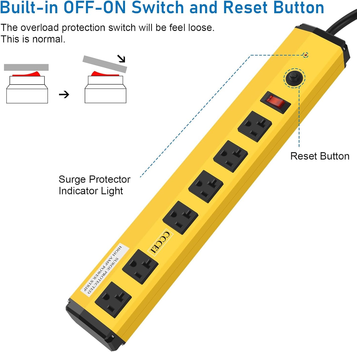 CCCEI Heavy Duty Power Strip Surge Protector 20 Amp, High Amp Industrial Shop Garage Metal Multiple Outlets, 10 FT Yellow Jacket 12 Gauge 5-15P Extension Cord 6 Outlet 6-20R T-Slot 20a for Appliance
