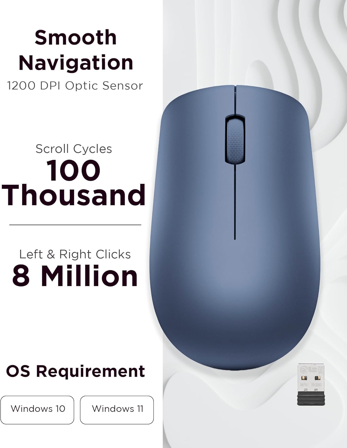 Lenovo 530 Wireless Mouse with Battery, 2.4GHz Nano USB, 1200 DPI Optical Sensor, Ergonomic for Left or Right Hand, Lightweight, GY50Z18986, Abyss Blue