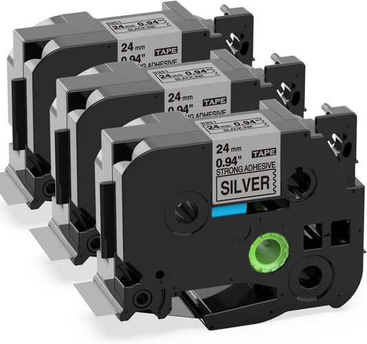 Label KINGDOM TZe-S951 24mm Silver Extra Strength Adhesive Tape Replacement for Brother TZeS951 Black on Silver TZe Tape 24mm 0.94 Strong Adhesive for PTD600 PTP710BT PT2730, 3-Pack