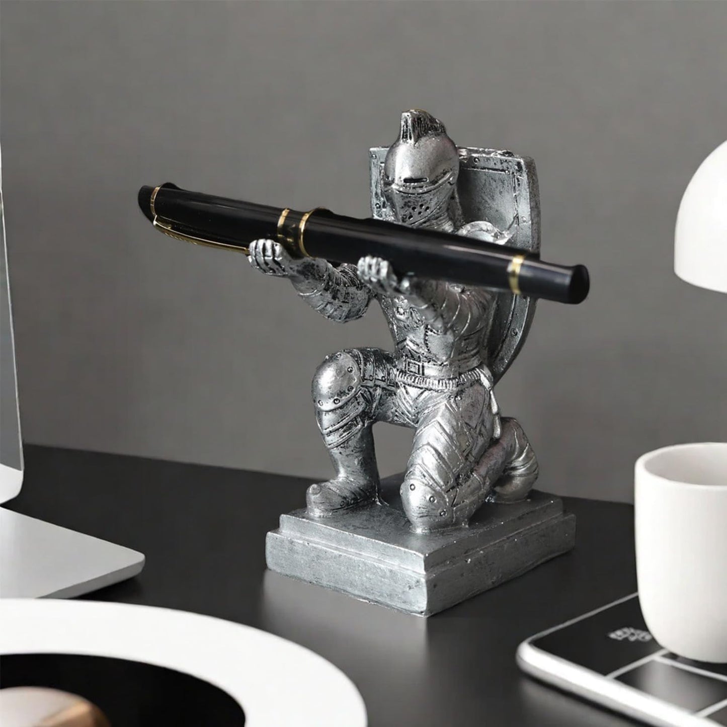 Resin Soldier Shield Knight Decor Statue Pen Holder Base for Desk, Desktop Organizer Pencil Stand Display for Office, School, Home, as Gift for Men Father