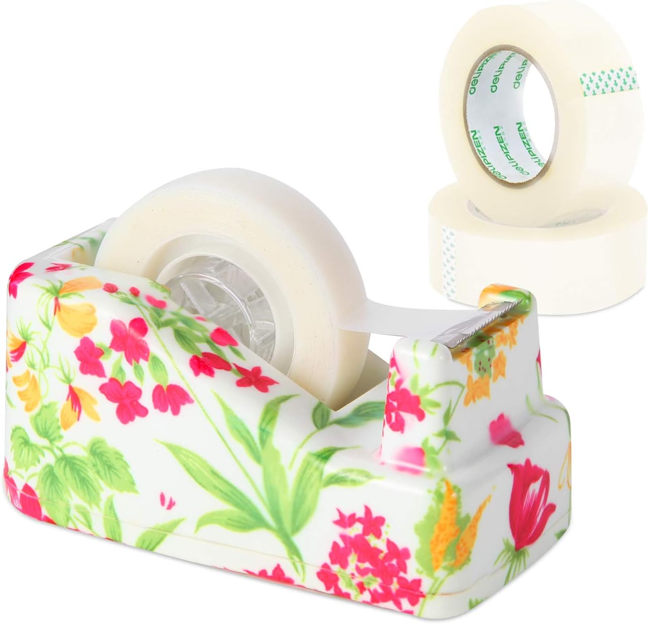VIBRANZ-LAB Cute Tape Dispenser Desk Cute Home Office Desk Supplies Fun Desk Accessories Floral Tape Dispenser Cute Office Supplies for Women Desk Weighted Non-Skid Non-Slip Base Tape Dispensers