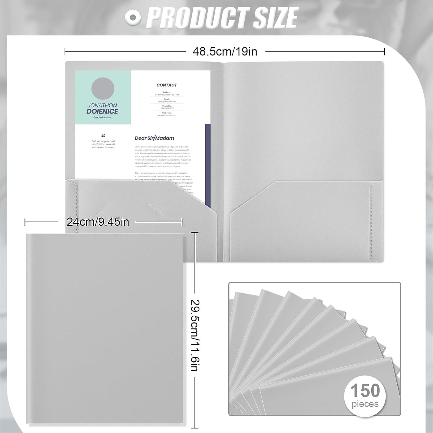 Gueevin 150 Pcs Plastic Folders with Pockets, Two Pocket Folder Fit 8.5 x 11 Inch Letter Size Paper, Heavy Duty School Folders Business Card Holder for Home Office School Bussiness (Light Gray)