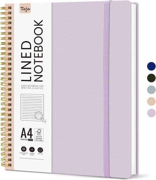 Taja Spiral Lined Notebook, 8.5"x11" Notebooks for Work, Large A4 Journal for Women & Men, College Ruled Journaling Notebook for Writing, Plastic Cover Spiral Journal, Lilac