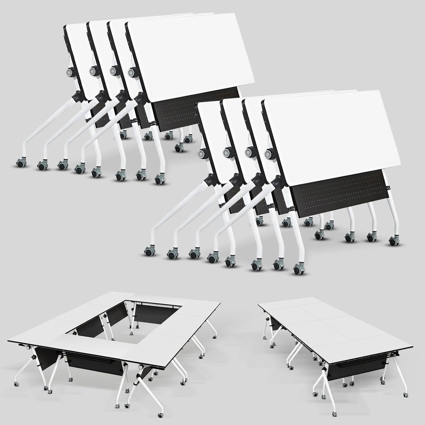 Conference Table, Folding Conference Room Tables, Mobile Training Tables with Silent Wheels, Large Rectangular Modular Seminar Table Office Computer Desks for Classroom White (8Pack L70.9in)