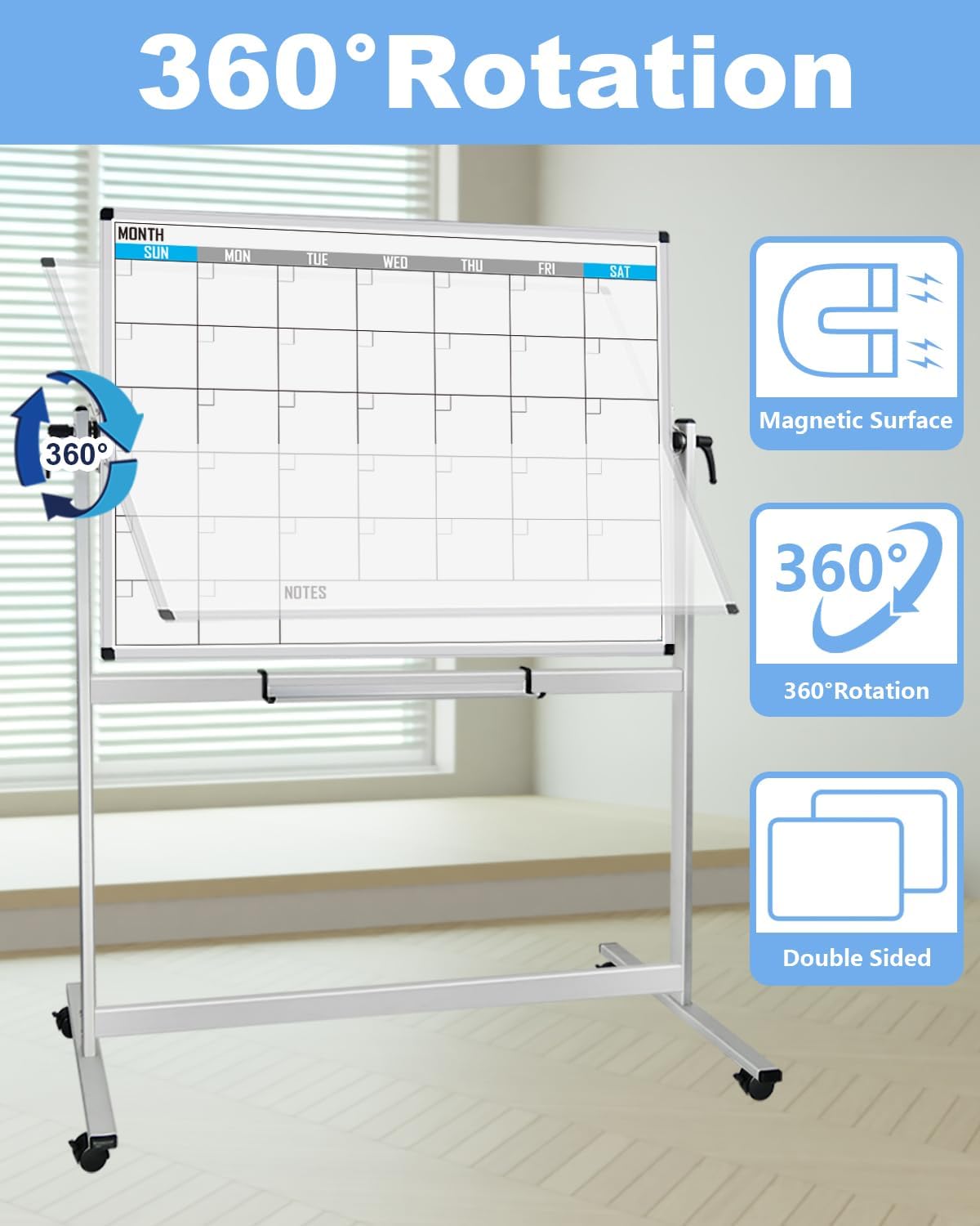 XBoard Magnetic Mobile Whiteboard, Double Sided Magnetic Dry Erase White Board on Wheels, Large Portable Easel with Stand and Aluminium Frame for Home School Office (Calendar 48x36-Inch)