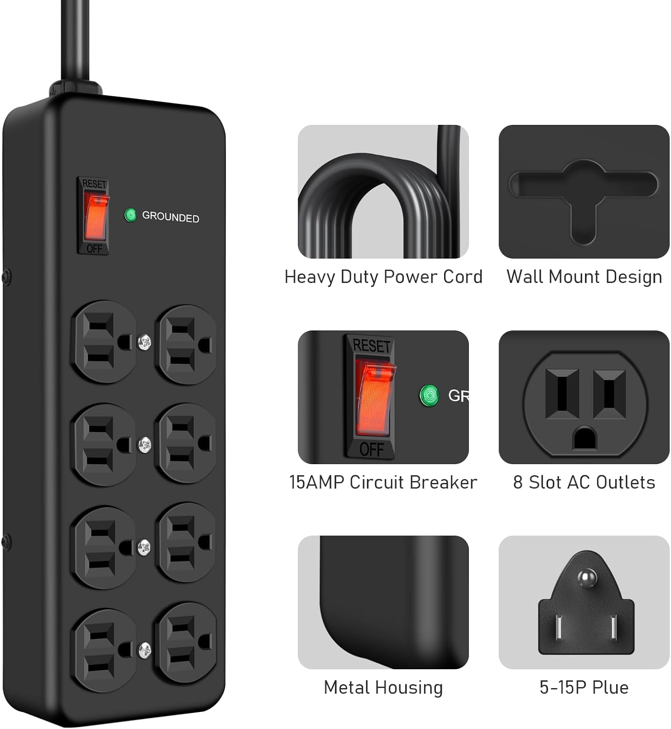 HEZI 8 Outlet Heavy Duty Power Strip, 15Amp Metal Mountable Surge Protector (2700J), Industrial Wall Mount Power Strip for Home, Office, Garage & Workshop, 10FT 14AWG Extension Cord