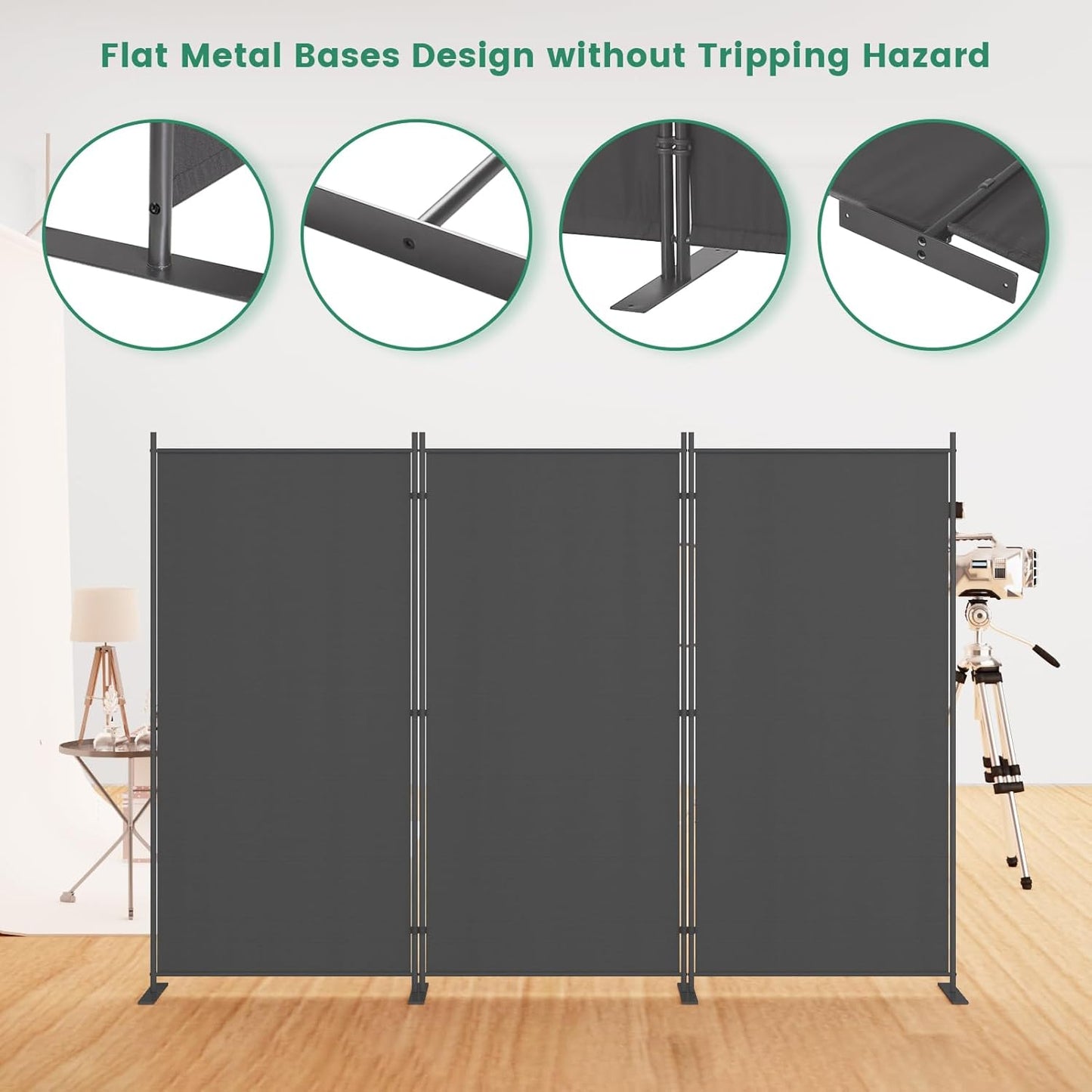Helios&Hestia 3-Panel 6 ft Tall Indoor Folding Room Divider, Portable Privacy Screen, Freestanding Partition Separator, Temporary Wall Separation for Bedroom, Office, 102" W X 71" H, Dark Grey