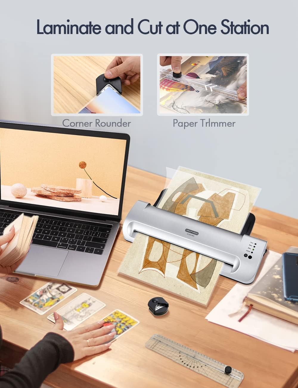 Laminator Machine, SINOPUREN 13-inch Thermal Laminator, with Paper Trimmer, Corner Rounder, 10 Pouches Sheets, Quick Warm-Up, Cold and Hot Laminating for Home/School/Office