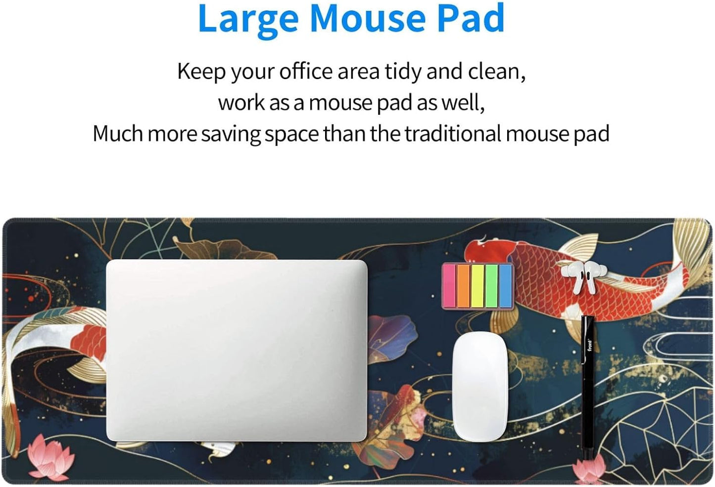 Gaming Mouse Pad Desk Pad,Extended Big Mouse Pad,31.5x11.8 Inch Long Computer Keyboard Mouse Mat Mousepad with 3mm Non-Slip Base and Stitched Edge for Gaming and Office… (koi)