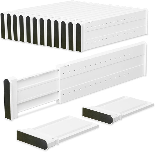 REBECAT 12 Pack Drawer Dividers for Clothes Adjustable 4" High Expandable from 15"-21" Drawer Dividers for Dresser Baby Clothes Bathroom,Bedroom Kitchen and Office Storage，White