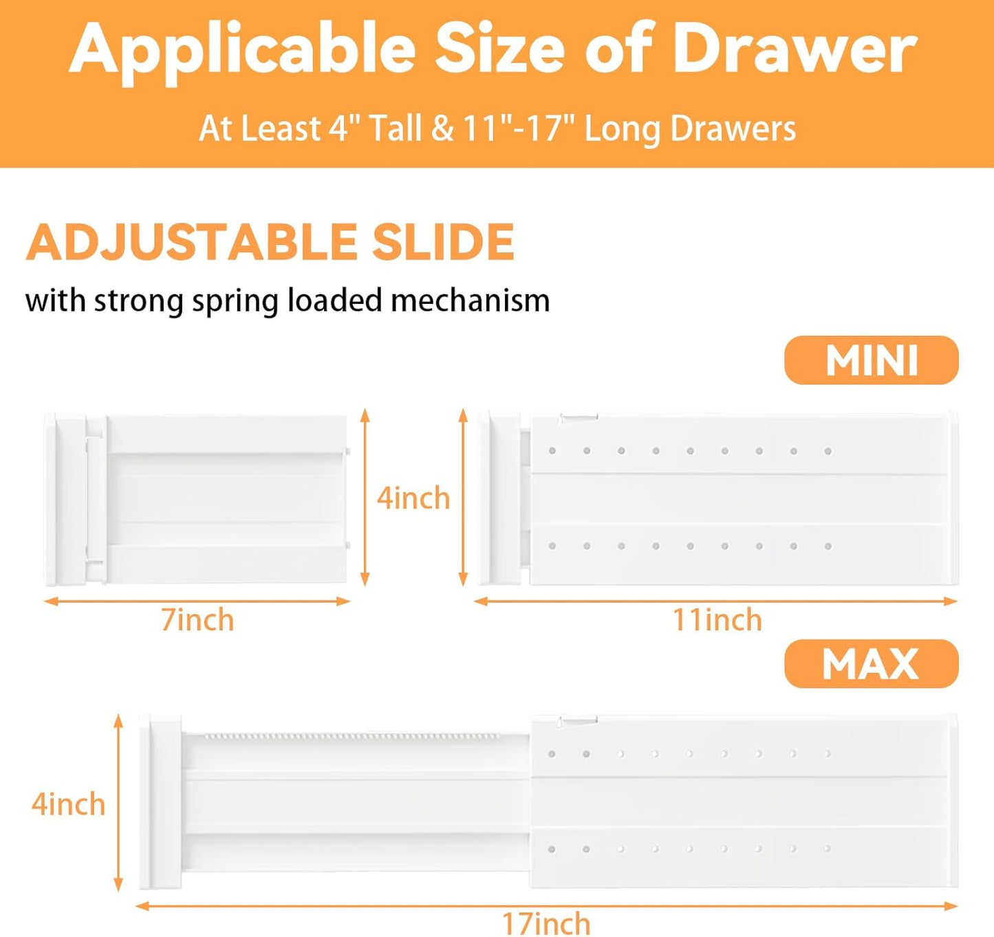 REBECAT 8 Pack Drawer Dividers for Clothes Adjustable Drawer Dividers 4" High Expandable from 11"-17" for Dresser Baby Clothes Bathroom Bedroom Kitchen and Office Storage，White