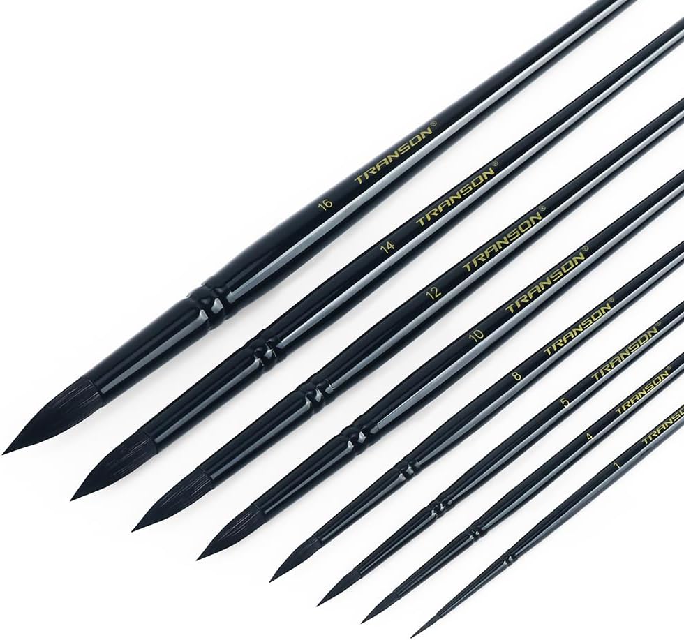 Transon 8pcs Round Watercolor Paint Brush Set Goat Hair for Watercolors,Acrylics,Inks,Gouache,Oil and Tempera Black Color